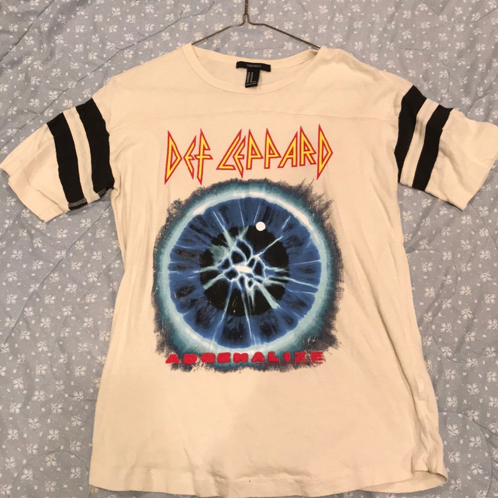 Cream and Black Grunge Punk Def Leppard Shirt
